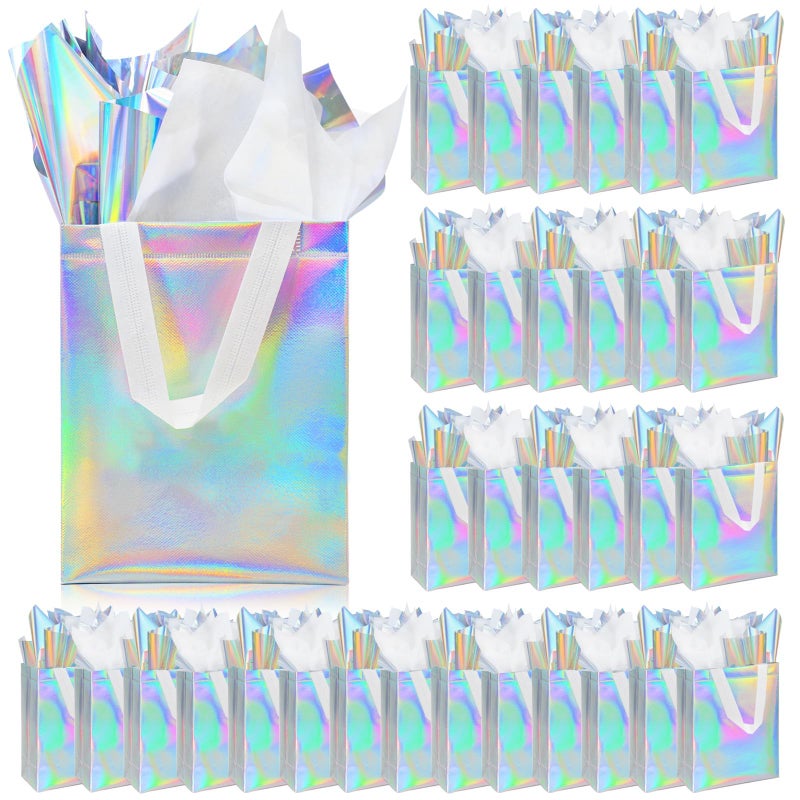 ZIFTY 32PCS Iridescent Gift Bags with Handles Reusable Nonwoven Goodie Holographic Gift Bags Bulk with Tissue Papers for Christmas Birthday Wedding Easter Holiday Party Favors 8W x 4L x 10H